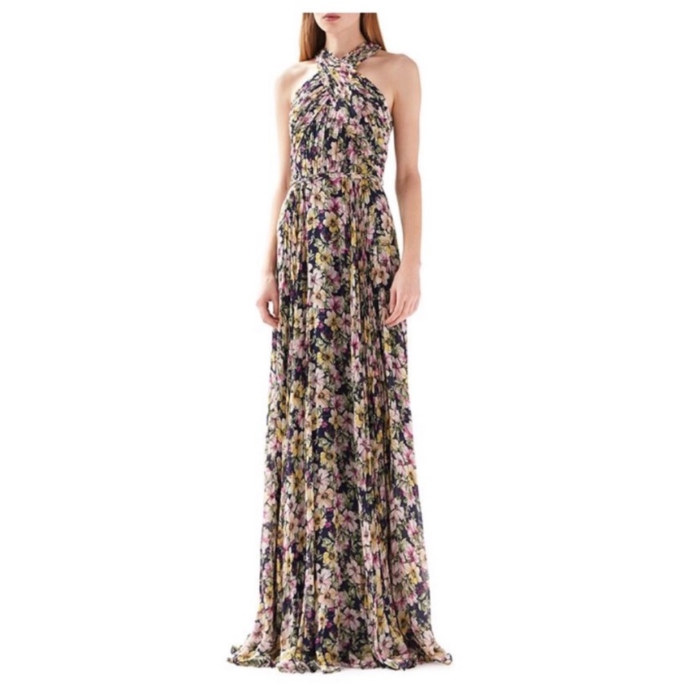 ML Monique Lhuillier Printed Floral Halter Gown